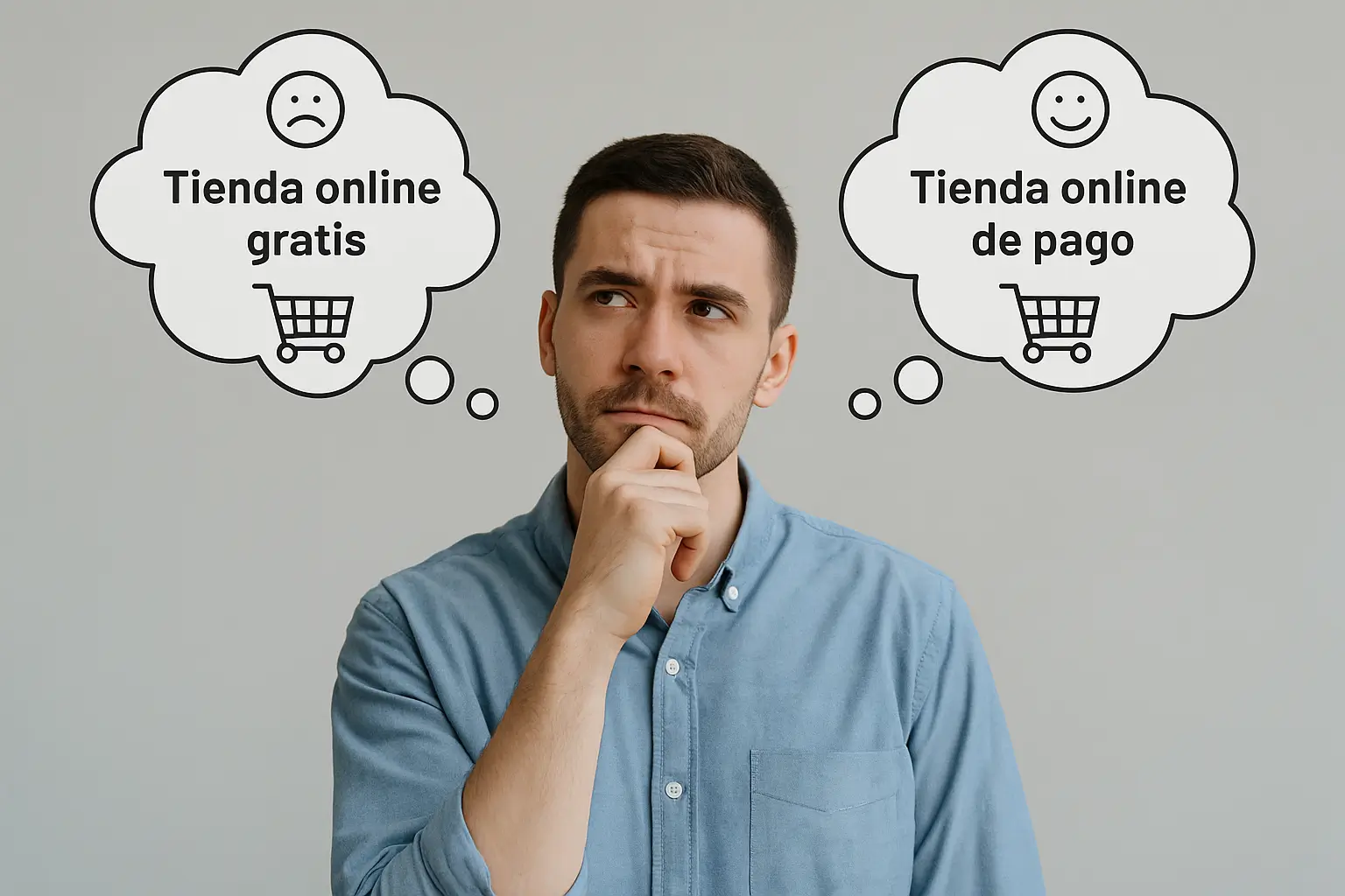 Hombre pensativo comparando la decisión entre hacer una tienda online gratis o pagar por una tienda profesional. Imagen ilustrativa del artículo de Iberostudio sobre los riesgos y ventajas de hacer una tienda online gratis.