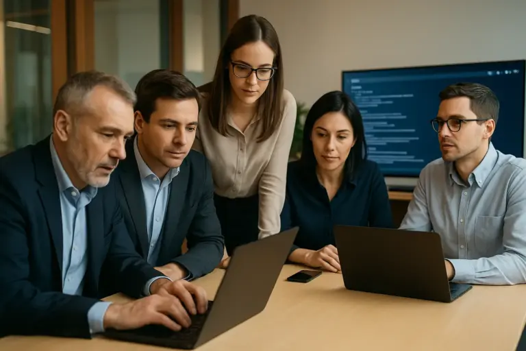 Inteligencia artificial en la gestión pública: el caso de San José 1 Cinco profesionales trabajando en equipo alrededor de una mesa en una oficina moderna, con laptops abiertas y una pantalla mostrando código, simbolizando el uso de inteligencia artificial en la gestión pública.