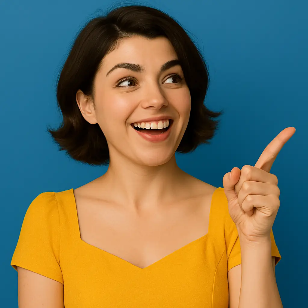 Contáctanos: Mujer joven con actitud alegre y expresión inspirada, señalando hacia una idea creativa, ideal para representar el momento en que surge un proyecto digital con Ibero Studio.
