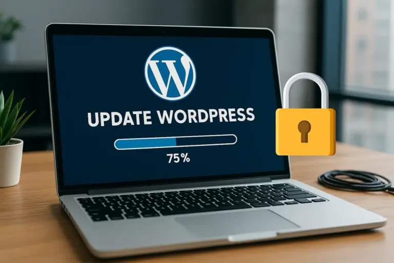 Actualización segura de WordPress representada por un desarrollador trabajando frente a una pantalla con escudos de seguridad, simbolizando protección contra amenazas digitales.