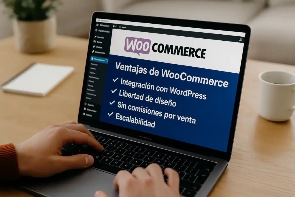 Persona usando WordPress con WooCommerce en un portátil, mostrando en pantalla las ventajas de WooCommerce como integración, diseño libre y escalabilidad
