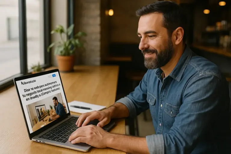 Autónomo trabajando en su sitio web con Iberostudio, aprovechando los beneficios del diseño web para autónomos en un entorno moderno y profesional.
