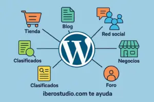 Ilustración digital con el logo de WordPress en el centro, rodeado de íconos que representan blogs, tiendas online, foros, redes sociales, sitios de clasificados y más, destacando la versatilidad de WordPress. En la parte inferior, el texto 'iberostudio.com te ayuda' resalta el servicio profesional de creación de páginas web.