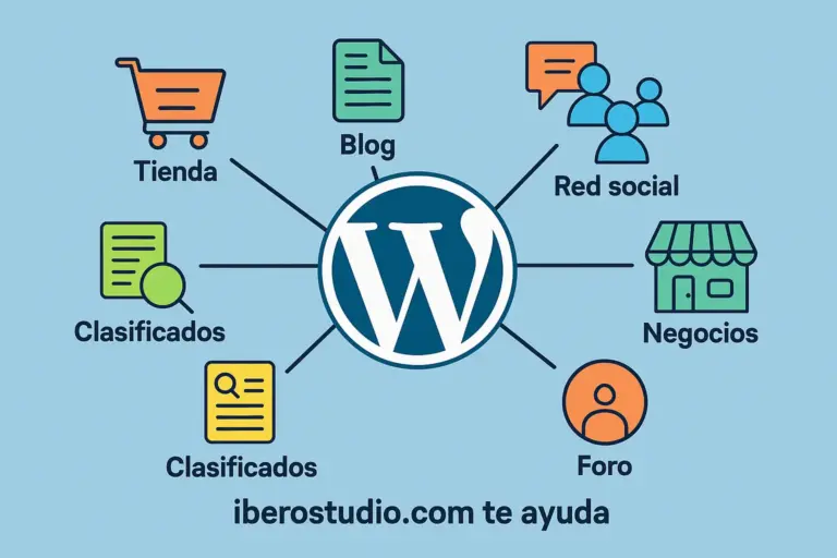 Ilustración digital con el logo de WordPress en el centro, rodeado de íconos que representan blogs, tiendas online, foros, redes sociales, sitios de clasificados y más, destacando la versatilidad de WordPress. En la parte inferior, el texto 'iberostudio.com te ayuda' resalta el servicio profesional de creación de páginas web.