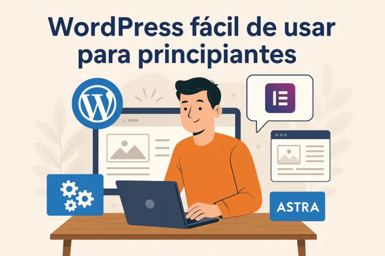 Joven creando su primera página web con WordPress, usando Astra y Elementor, gracias al servicio de creación de sitios web para principiantes de Iberostudio.