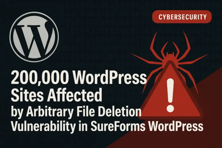 Gráfico digital en formato horizontal que alerta sobre una vulnerabilidad crítica en el plugin SureForms de WordPress. La imagen incluye el logo de WordPress, un triángulo rojo de advertencia con un símbolo de exclamación y una araña, junto al texto: '200,000 WordPress Sites Affected by Arbitrary File Deletion Vulnerability in SureForms WordPress Plugin'. Fondo oscuro con código binario y etiqueta roja que dice 'Cybersecurity'.