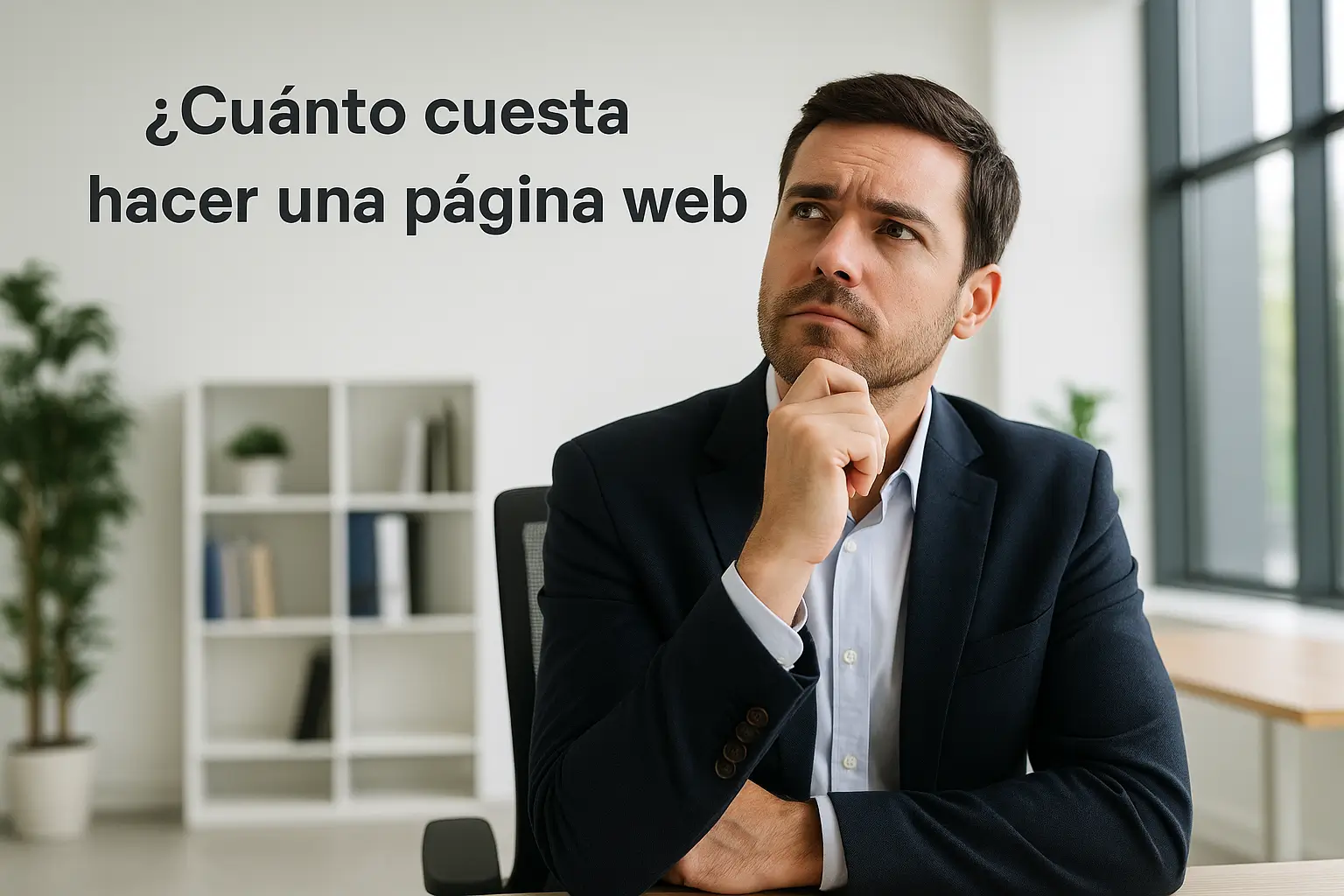 Empresario en oficina moderna pensando en cuánto cuesta hacer una página web, con luz natural y ambiente limpio y profesional.
