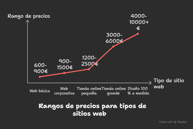 Cuánto cuesta hacer una página web en España según tipo: web básica (600-900 €), web corporativa (900-1500 €), tienda online pequeña (1200-2500 €), tienda online grande (3000-6000 €) y diseño 100 % a medida (4000-10000 €+).