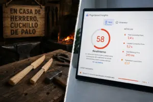 Cuchillos de palo en una herrería junto a una web lenta analizada en Google PageSpeed