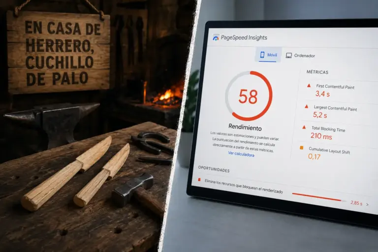 Cuchillos de palo en una herrería junto a una web lenta analizada en Google PageSpeed