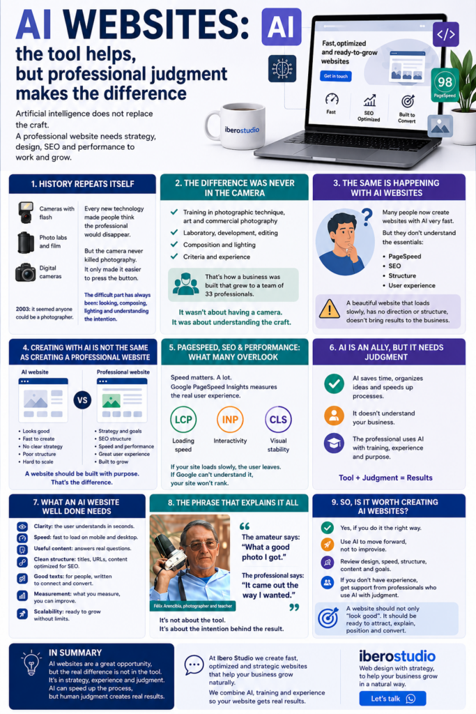 Infographic about AI websites, SEO, PageSpeed and professional judgment in web design