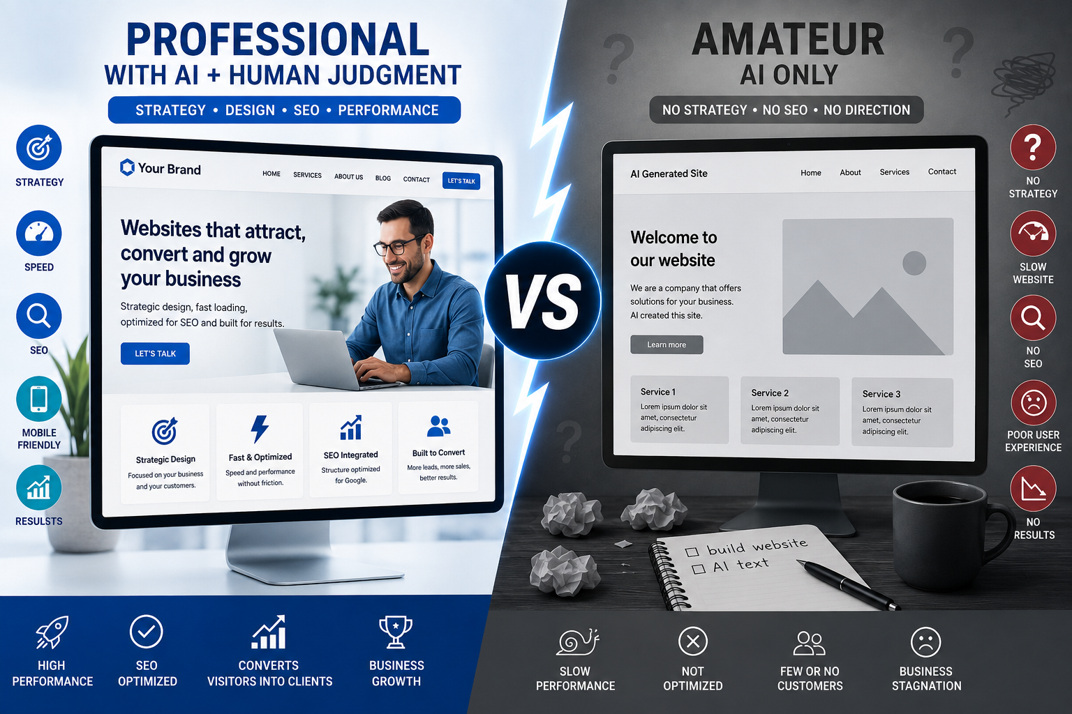 Comparison between a professional AI website created with human judgment and an amateur website made only with AI