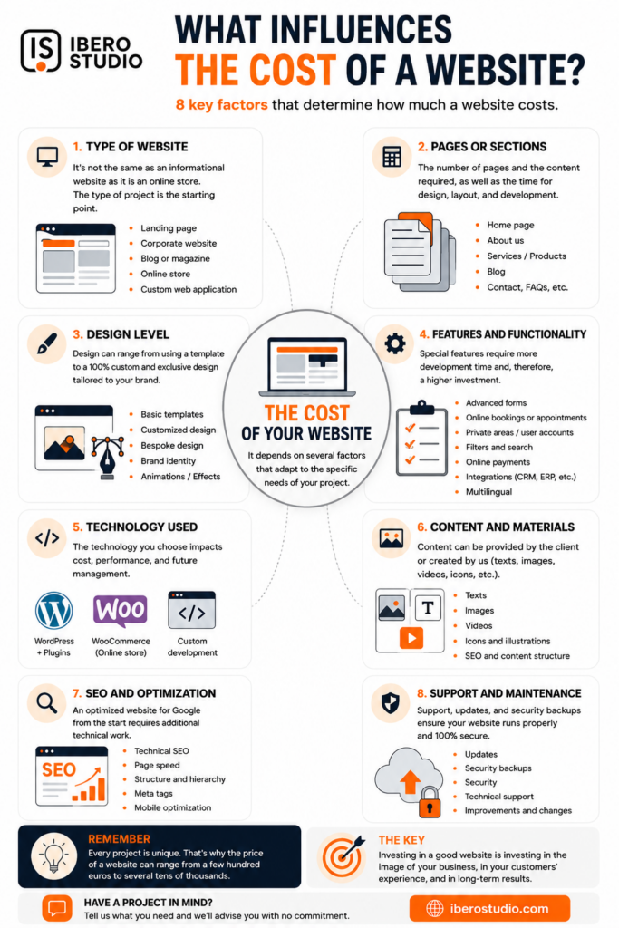 How Much Does a Website Cost in Murcia in 2026? 2 Infographic explaining the 8 key factors that influence website cost in Murcia, including website type, pages, design, features, technology, content, SEO and maintenance.