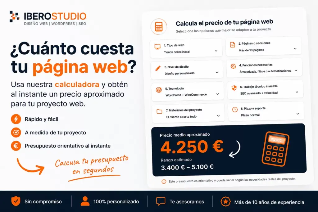 Calculadora para saber cuánto cuesta una página web en Murcia en 2026 según tipo de web, diseño, funciones, tecnología y soporte del proyecto.