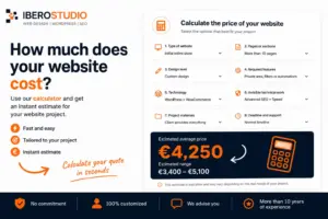 Website price calculator banner for Ibero Studio showing an instant estimate tool to calculate the cost of a website project, with options for website type, pages, design, features, technology, materials and support.