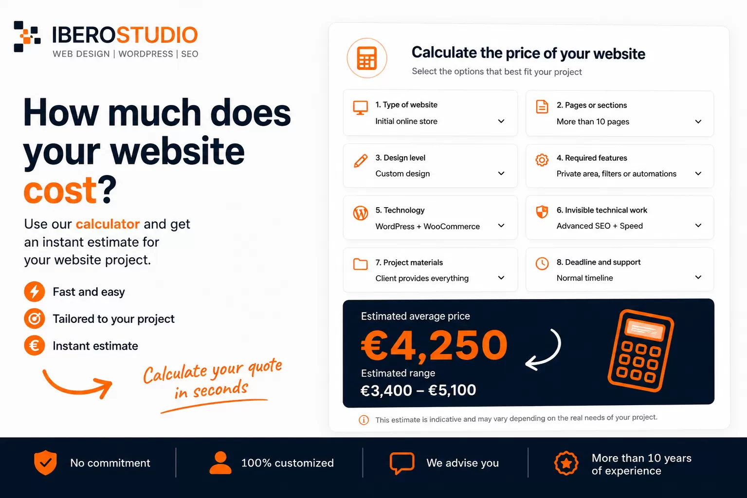 How Much Does a Website Cost in Murcia in 2026? 1 Website price calculator banner for Ibero Studio showing an instant estimate tool to calculate the cost of a website project, with options for website type, pages, design, features, technology, materials and support.