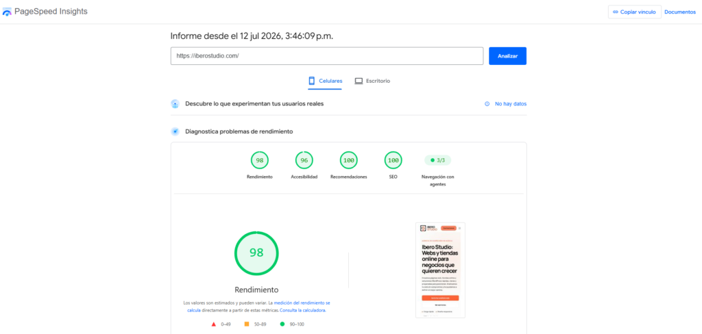 Captura de Google PageSpeed Insights de mi página web con una puntuación de rendimiento de 98 sobre 100.