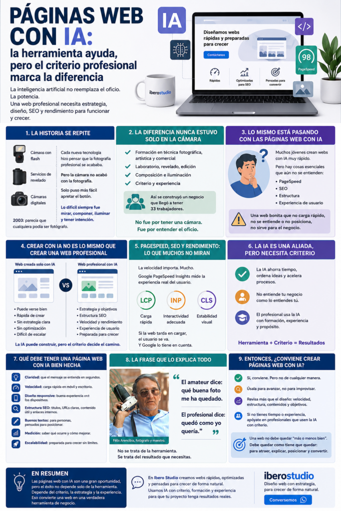 Infografía sobre páginas web con IA, SEO, PageSpeed y criterio profesional en diseño web