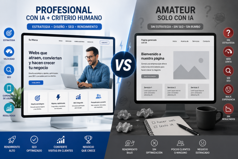 Comparativa entre una página web con IA creada con criterio profesional y una web amateur hecha solo con IA